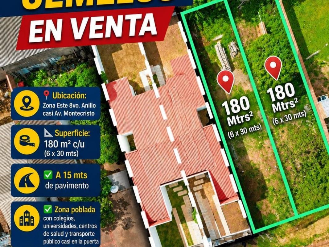 Terrenos gemelos en Zona Este 8vo. Anillo casi Av. Montecristo en venta